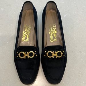 Salvatore Ferragamo black suede gold logo loafer, 7.